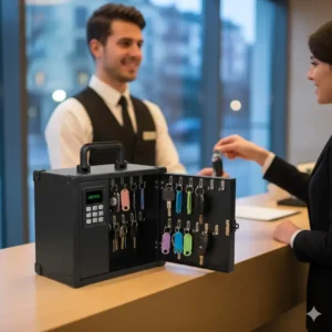 A compact and portable car key cabinet with a handle used for valet parking services.
