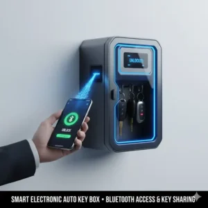 A modern electronic auto key box being unlocked via a smartphone app.
