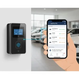 Graphic of a smart car dealership key box syncing with a mobile inventory management app.