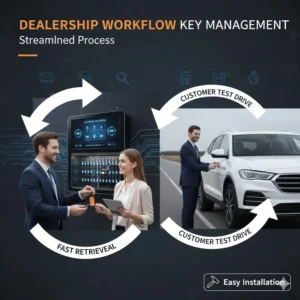 Infographic of a dealership workflow showing fast key retrieval from an auto dealer key cabinet for a test drive.