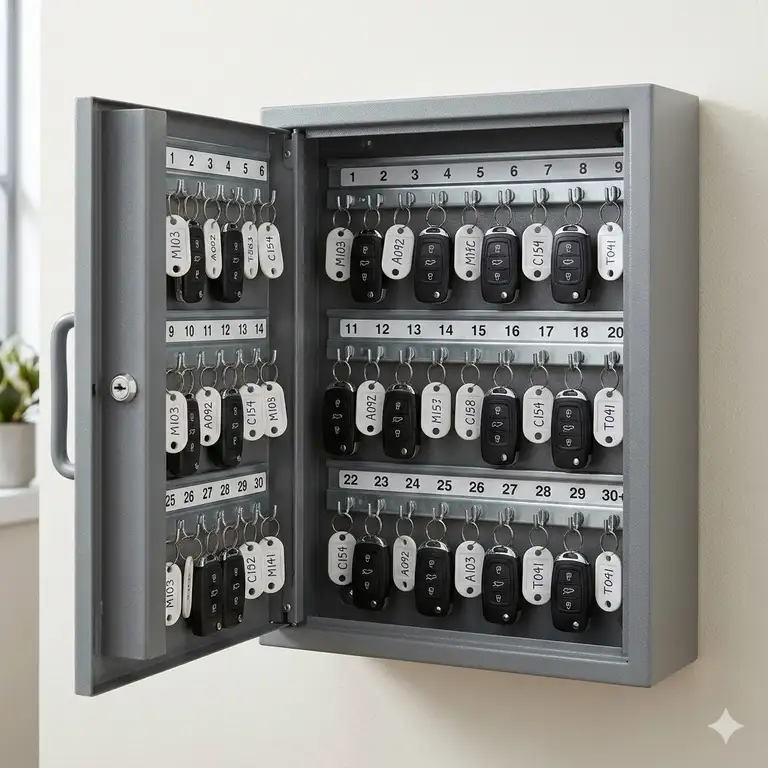 A professional heavy-duty dealer key box mounted on an office wall containing organized car remotes.