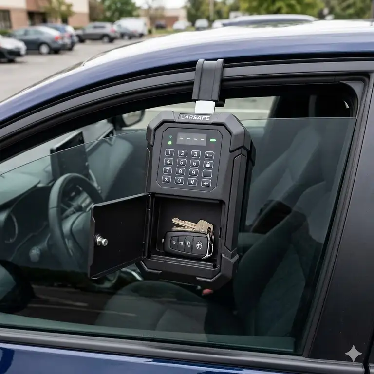 Featured Image: A heavy-duty digital lockbox for cars attached to a driver-side window, holding a set of modern electronic keys.