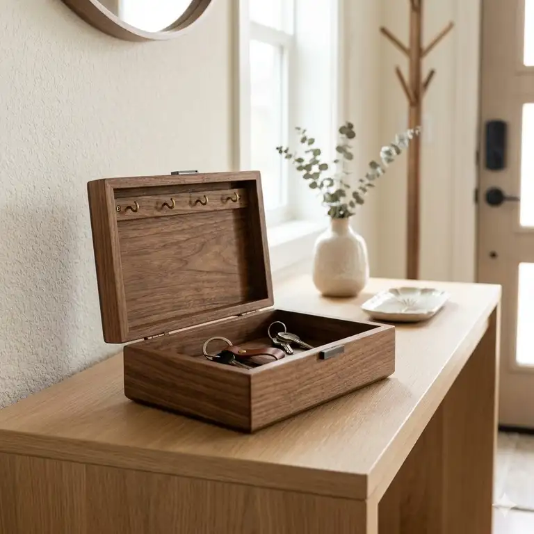 A luxury wooden key valet box sitting on a minimalist entryway console table next to a decorative vase.