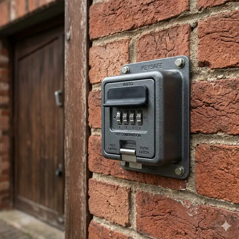 A durable, wall-mounted auto key safe installed on a brick wall next to a garage door.
