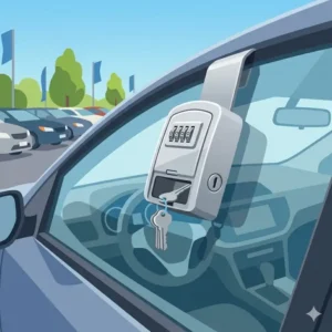 Illustration of a mechanical dealer key lock box hanging on a driver-side window.