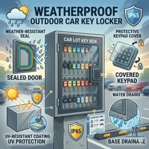 A professional illustration showing the heavy-duty steel construction and security features of a car lot key box.