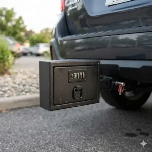 Illustration 1: A secure metal lockbox for cars designed to fit into a standard 2-inch trailer hitch receiver.