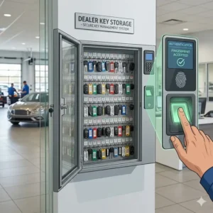 Illustration 1: Secure dealer key storage unit featuring an integrated fingerprint biometric scanner.