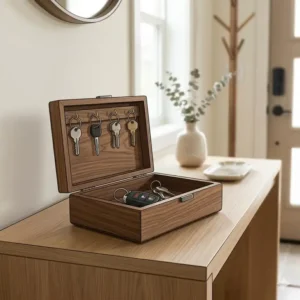 An open key valet box showing organized hooks for house keys and a dedicated slot for a car key fob.