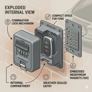 Illustration showing the interior storage capacity of an auto key safe holding a modern car key fob.