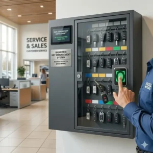 : A high-security car dealership key cabinet featuring a biometric fingerprint scanner for access control.