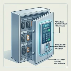 Close-up illustration of a secure electronic keypad on a steel dealer key box for restricted access.