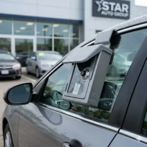 A weatherproof car lot key lock box protecting vehicle keys from rain and snow.