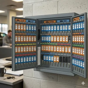 A detailed illustration of an auto dealer key box showing a high-capacity interior with color-coded tags for efficient inventory management.