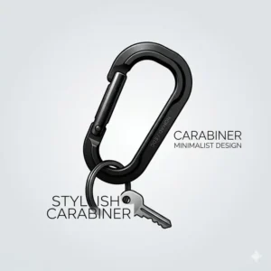 Illustration 1: A minimalist illustration of a stylish carabiner showcasing a sleek geometric design and polished metallic finish.