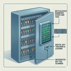 An organized dealer key box interior featuring neatly labeled and numbered hooks for vehicle tracking.