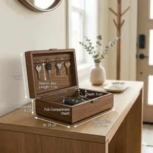 A technical illustration showing the compact dimensions of a key valet box for small apartment entryways.