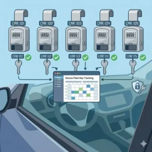 Graphic showing a secure dealer key lock box system for organized fleet management.