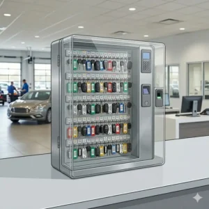 Illustration 2: Organized dealer key storage box with numbered hooks and color-coded vehicle tags.
