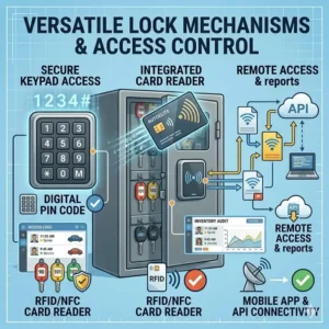 A detailed diagram showcasing the large storage capacity and numbered hooks inside a car lot key box.
