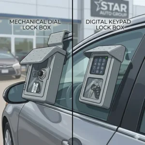 Comparison between a mechanical and digital car lot key lock box for inventory security.