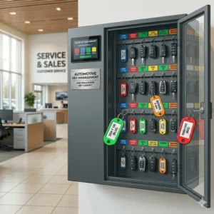 Internal view of an organized car dealership key cabinet with color-coded vehicle tags.