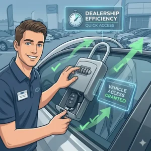 A car salesman using a key lock box for car dealers to quickly access vehicle keys for a test drive.