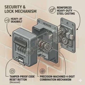 Close-up illustration of a 4-digit combination dial on a heavy-duty auto key safe.