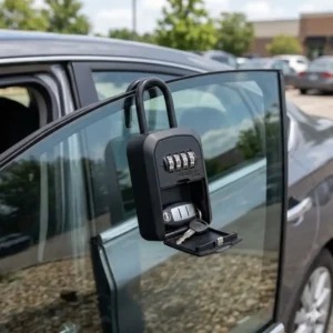 Illustration 2: Illustration of a portable car key lockbox for cars hooked over a rolled-up vehicle window.