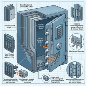 A technical diagram highlighting the reinforced steel construction and tamper-proof locking mechanism of a professional auto dealer key box.