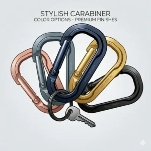 Illustration 2: An array of stylish carabiner clips in various trendy colors including rose gold, slate grey, and navy blue.