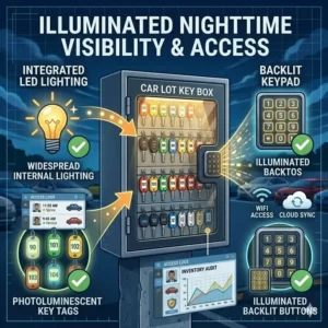 A digital infographic of a car lot key box integrated with a modern key management and tracking software.