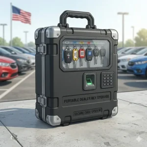 Illustration 3: Durable and portable dealer key storage case for managing outdoor inventory lots.