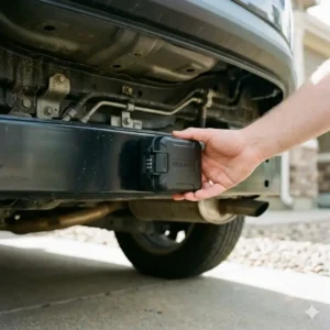 Illustration 3: A discreet magnetic lockbox for cars being placed on a flat metal surface under the vehicle chassis.