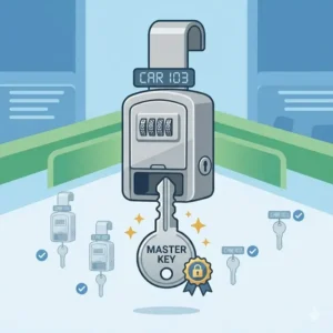 Illustration of a master-keyed dealer key lock box used by car sales professionals.