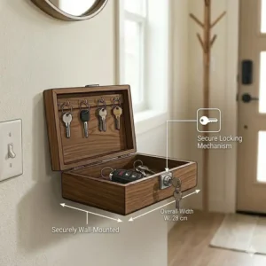 A close-up illustration of a secure locking mechanism on a wall-mounted key valet box.