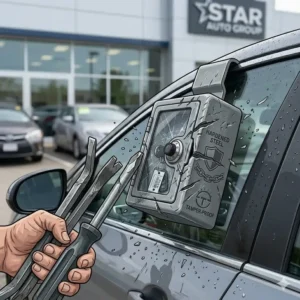 Close-up of a heavy-duty car lot key lock box with tamper-proof steel construction.