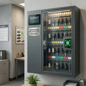 A space-saving wall-mounted car dealership key cabinet installed in a dealership office.