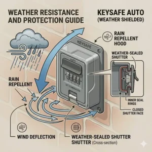 A weatherproof auto key safe with a protective shutter door to prevent rust and freezing.