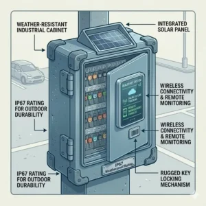 Illustration of a weather-resistant dealer key box designed for outdoor lot security and durability.