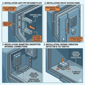 An instructional illustration demonstrating the proper wall-mounting process for a secure auto dealer key box in a showroom or service center.