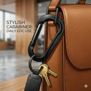 Illustration 3: A stylish carabiner securely fastened to a designer leather bag holding a set of keys.