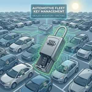 Efficient fleet management using a dedicated key lock box for car dealers on every vehicle in stock.