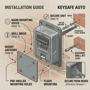 Diagram illustrating the mounting points for securing an auto key safe to a flat surface.