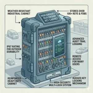 A high-capacity dealer key box cabinet capable of holding over 100 sets of automotive keys and fobs.