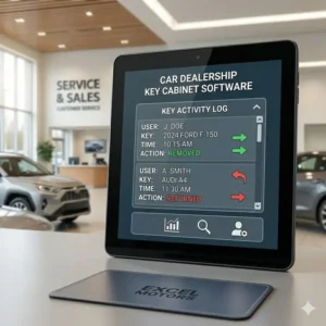 Digital interface showing the real-time tracking software for a car dealership key cabinet.