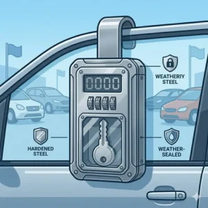Close-up illustration of a weather-resistant steel dealer key lock box.