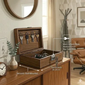 A stylish key valet box in a dark walnut finish matching mid-century modern home decor.