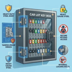 A weatherproof outdoor car lot key box featuring an IP65 rated protective seal for dealership use.