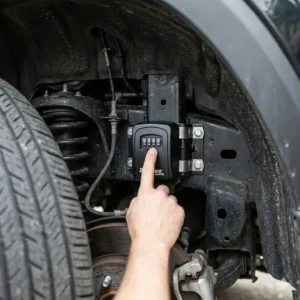 Illustration 4: A small, weather-resistant lockbox for cars secured inside a car's wheel well for emergency key access.